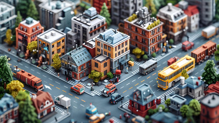 3d illustration of a city street with buildings, roads and trafficの写真素材