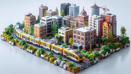 3d illustration of a city with a train on a white backgroundの写真素材