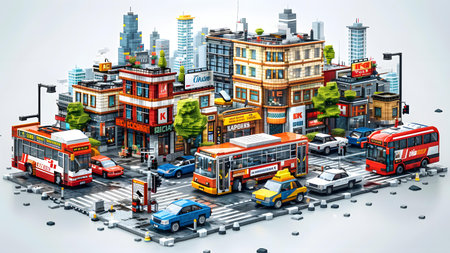 City landscape with buildings, roads and buses. 3d illustration.