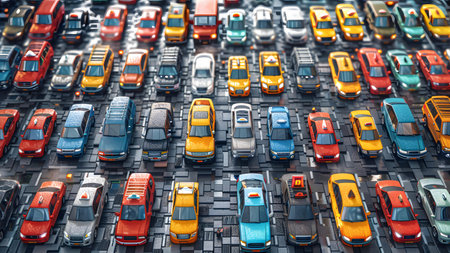 Aerial view of a large parking lot with cars. 3D renderingの写真素材