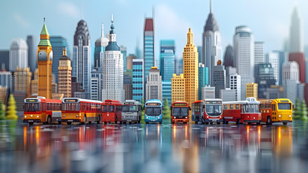City background with bus and skyscrapers. 3d illustration.の写真素材