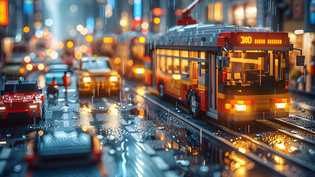 Tram in the city at night. 3D illustration. Conceptual image.の写真素材