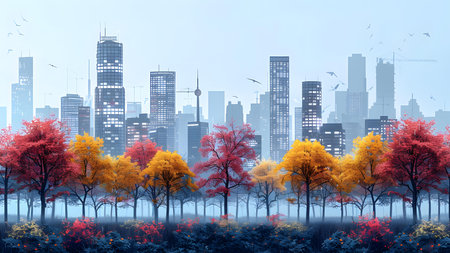 Autumn cityscape with trees and skyscrapers, 3d renderの写真素材