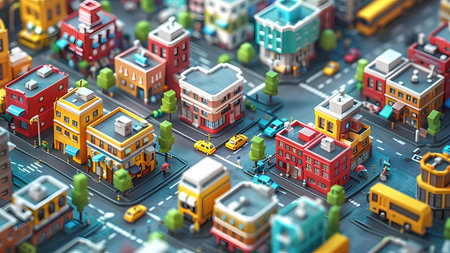 City map with colorful buildings and streets. 3d illustration of urban background.
