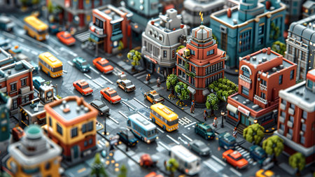 3d illustration of a miniature city with roads, buildings and cars