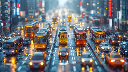 Tram traffic on the road in the city. 3d renderingの写真素材