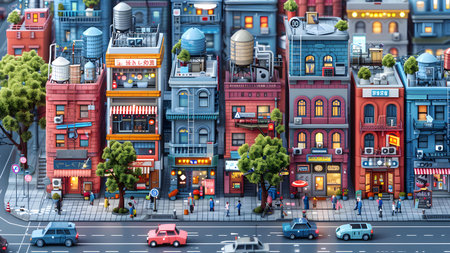 City street with buildings and cars, 3d illustration, horizontal.の写真素材
