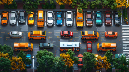 Aerial view of cars parked in a row on a city streetの写真素材