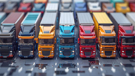 Truck on the conveyor belt. 3d illustration. Selective focus.の写真素材