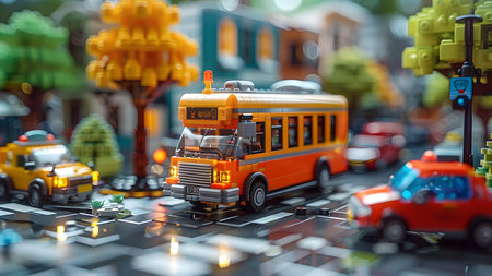 Lego school bus on a circuit board. Studio shot.