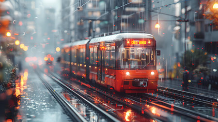 Tram in the city at night. 3D rendering. Toned image.の写真素材