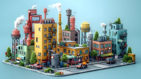 Industrial city street with industrial buildings and chimneys 3d renderingの写真素材