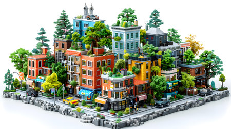 Miniature city with houses and trees on white background. 3D illustration.の写真素材
