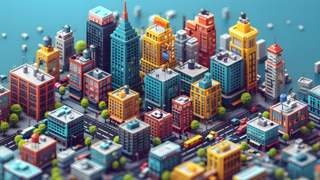 3d isometric city with skyscrapers and high-rise buildings