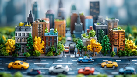 Miniature of the city on the background of the road and carsの写真素材
