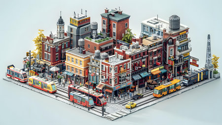 Cityscape with modern buildings and trains. 3d illustration in isometric projectionの写真素材