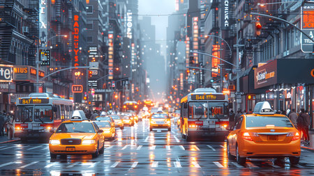 Traffic on the street at night in New York City, USA.の写真素材