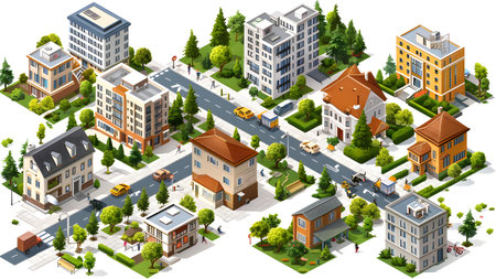 Isometric city buildings and streets with people and cars on a white backgroundの写真素材