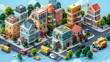 Isometric city background with houses and roads. 3d illustration.の写真素材