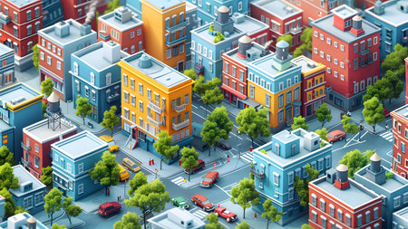 3d isometric city. Urban landscape with buildings and roads.の写真素材
