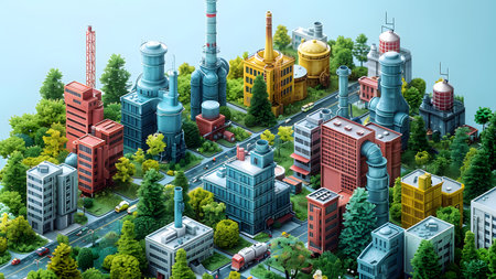 City landscape with factories and high buildings. 3d render illustration.の写真素材