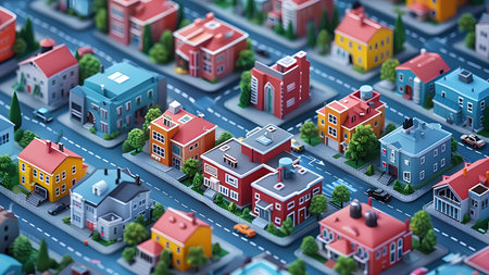 3d illustration of isometric city with houses, roads and buildingsの写真素材