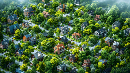 Aerial panoramic view of a small European city surrounded by green treesの写真素材