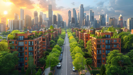 Cityscape with high-rise buildings and road at sunset, Shanghai, Chinaの写真素材