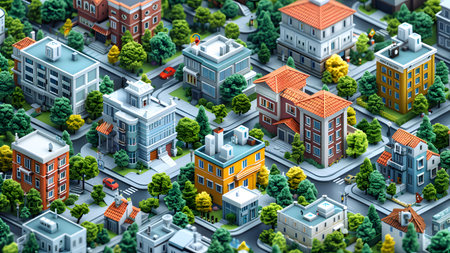 3d illustration of a city with houses, trees and streets.の写真素材