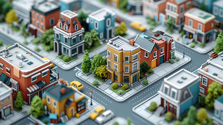 Mini city with houses and roads, 3d illustration, horizontal composition