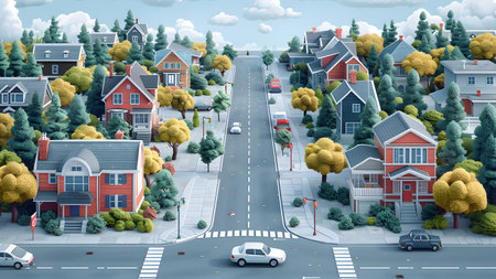 City street with houses, cars and trees. 3d illustration.の写真素材