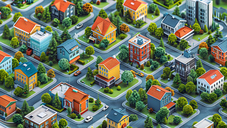 city isometric view with buildings, roads and houses. 3d renderingの写真素材