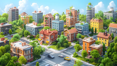 Cityscape with buildings and roads. 3d illustration. Cartoon style.の写真素材