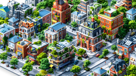 Aerial city view with houses, roads and buildings. 3d renderingの写真素材