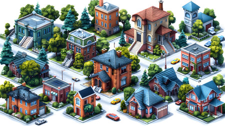Isometric town with houses, roads and trees. 3d renderingの写真素材