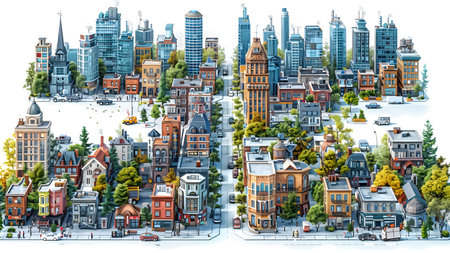 Architectural panorama of the city with houses, roads and streets.の写真素材