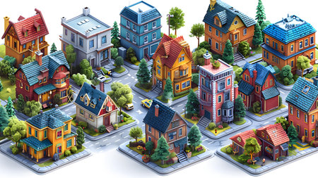 City isometric view with houses, roads and trees. 3d illustrationの写真素材