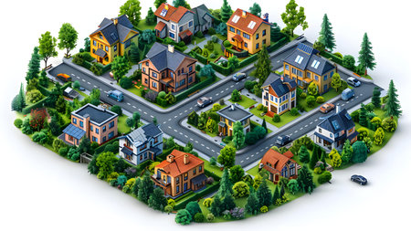 3d isometric city with houses, roads, houses and treesの写真素材