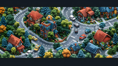 3D illustration of a fantasy city with houses, roads and trees