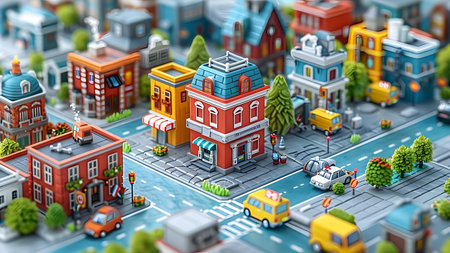 3D illustration of a city street with buildings, roads and cars