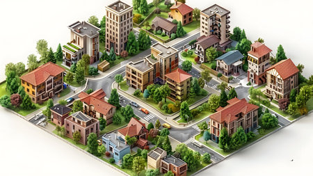 City isometric view with houses, roads and streets. 3d renderingの写真素材
