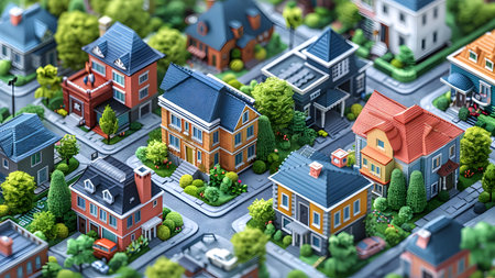 Miniature city with houses and roads, 3d illustration, horizontalの写真素材