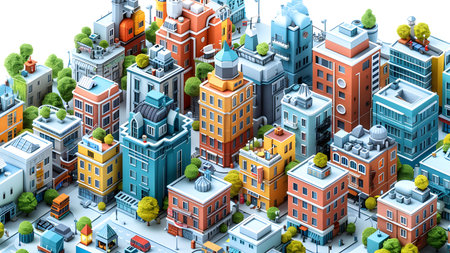 3d illustration of a city with buildings, streets and skyscrapersの写真素材
