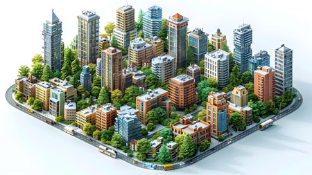Modern city with skyscrapers and green trees. 3d rendering
