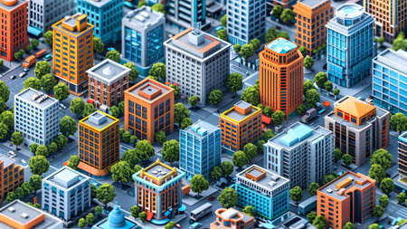 3d render of isometric city with skyscrapers and buildingsの写真素材
