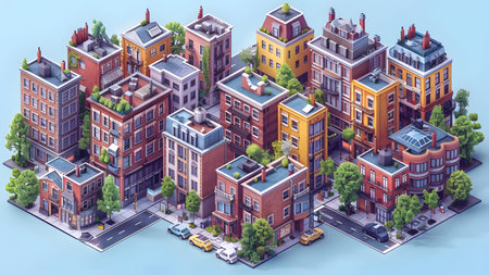 Modern city isometric composition with buildings and streets, 3d vector illustrationの写真素材