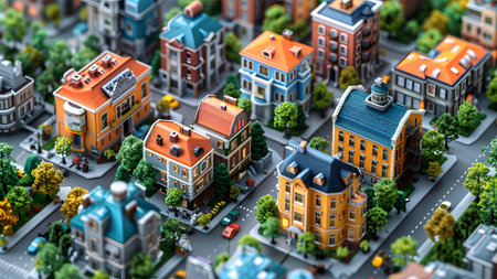 Miniature city with houses, roads and trees. 3d illustrationの写真素材