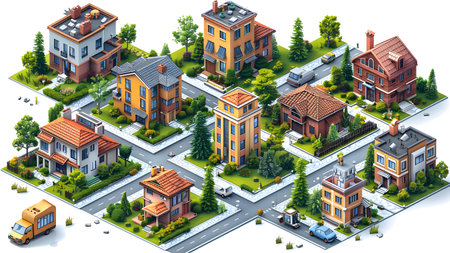 Isometric town with houses, roads and buildings. Vector illustration.の写真素材