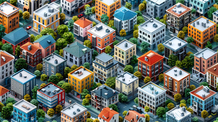 Cityscape with colorful houses and trees, 3d rendering. Computer digital drawing.の写真素材