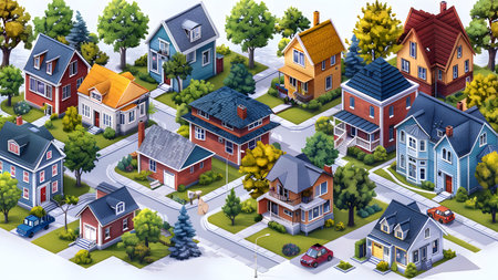 City isometric background with houses and trees, 3d vector illustrationの写真素材